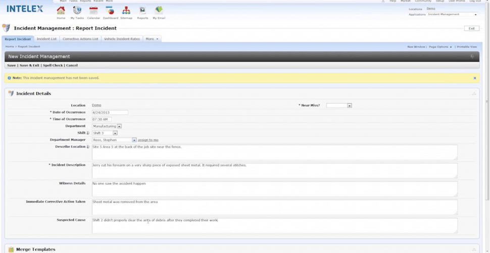 Intelex Quality Management Software Software - Incident management report