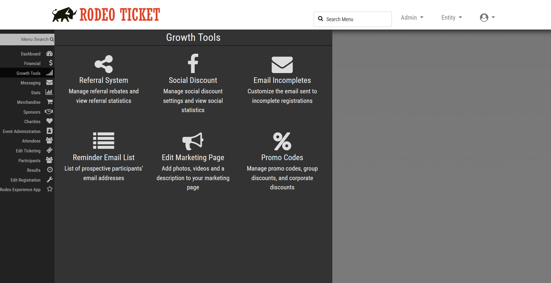 Rodeo Ticket screenshot: Sidebar menu view with growth tools visible