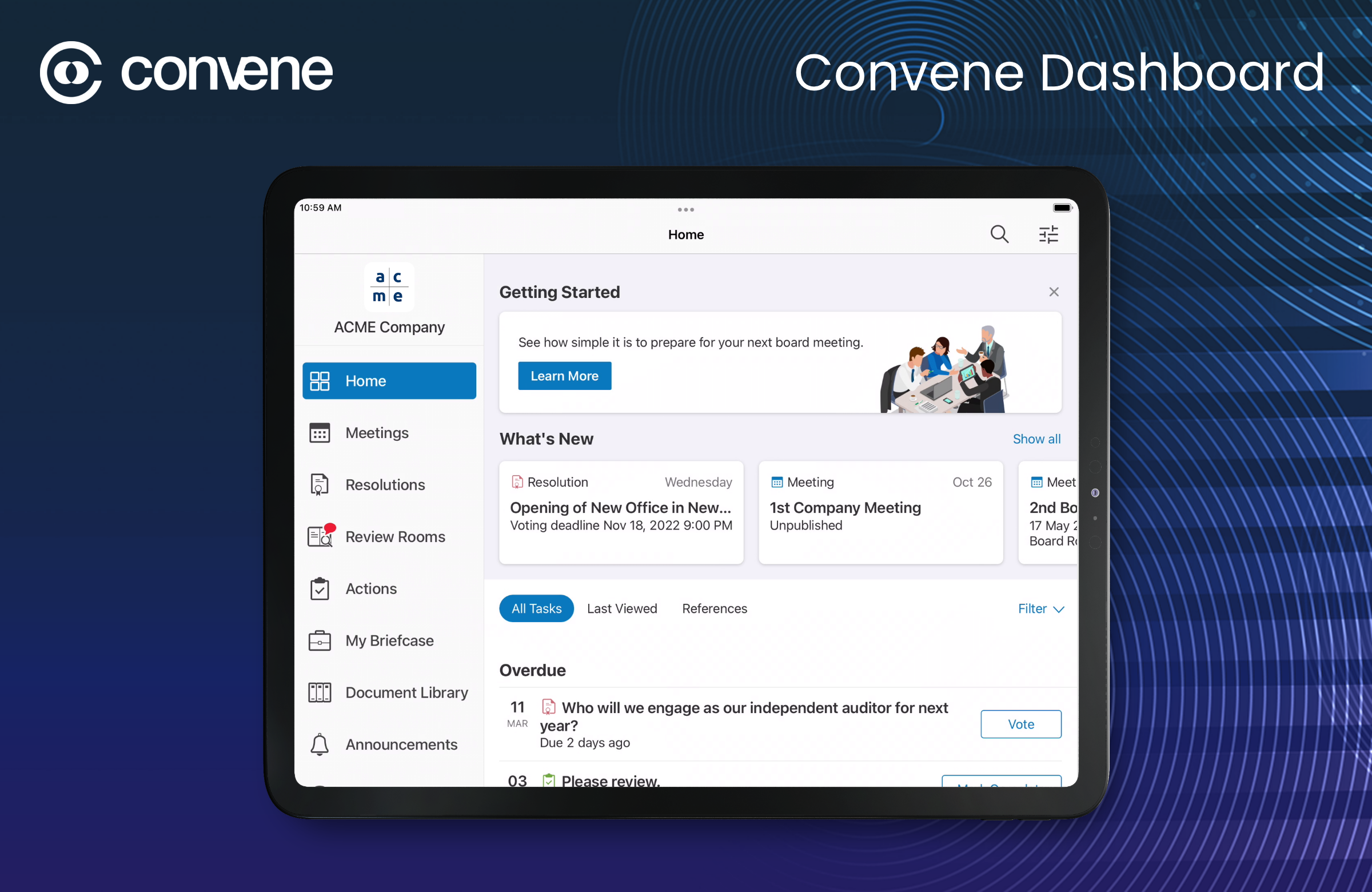 Instantly access all upcoming board meetings, with all related action items and documents available at-a-glance to drive smarter decision-making.