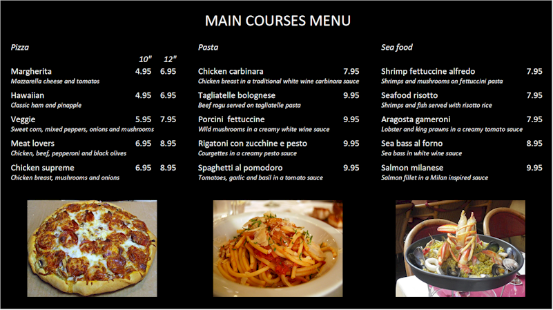 Creating digital menu boards with Repeat Signage digital signage software is easy, using the in-built spreadsheet grid to list menu items whilst playlists of tastebud-tempting images help customer choice. Schedule menus to display at various times.