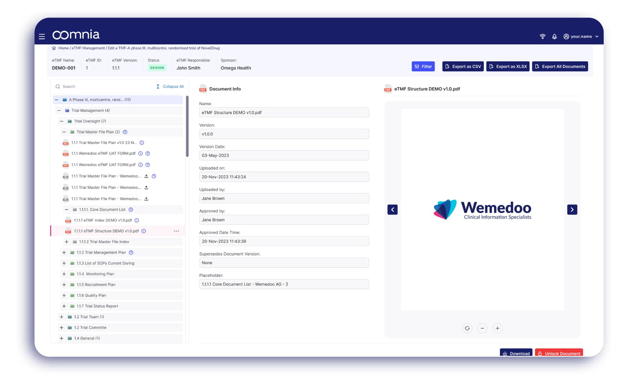 oomnia eTMF screenshot: oomnia eTMF document version history