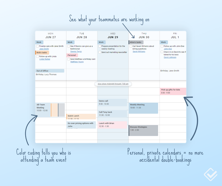 Calendar - private, shared, team calendars allow you to delegate tasks and events to one another, collaborate, and see what everyone is working on. Integrates with your Google and Outlook calendars.