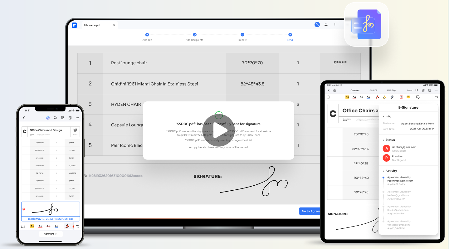 Utilize certificate-based legal signatures, send documents to bulk signers effortlessly, and collect and track signatures from anywhere, on any device.