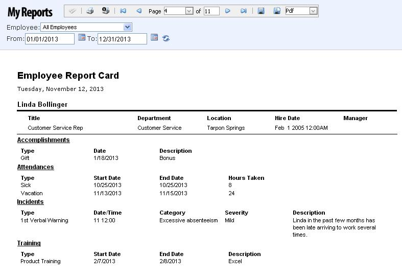Employee report card