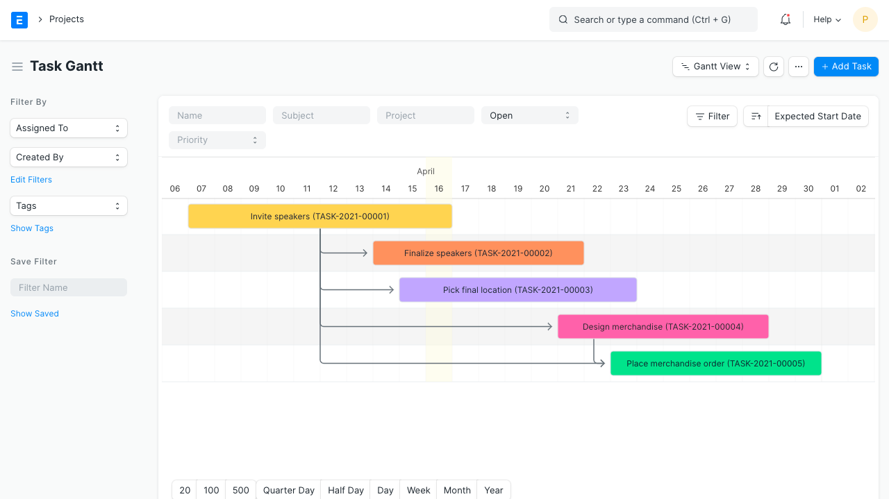 ERPNext Software - Tracking tasks doesn't have to be that difficult with a colorful Gantt tool at your disposal.