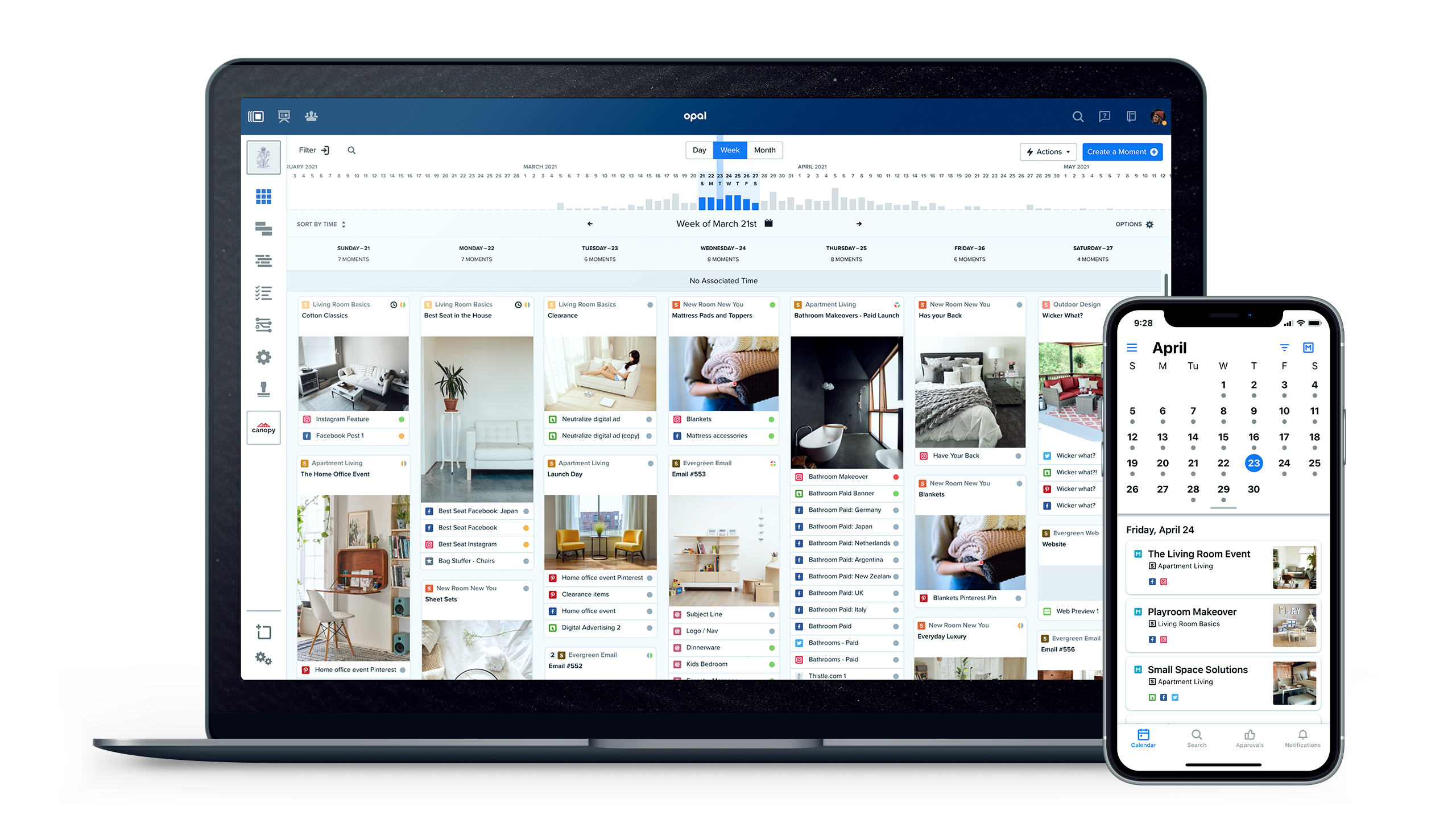 View the Moments (milestones) across all your campaigns, launches, and other initiatives for the week, along with the associated channel for each piece of Content planned within the Moment.-thumb