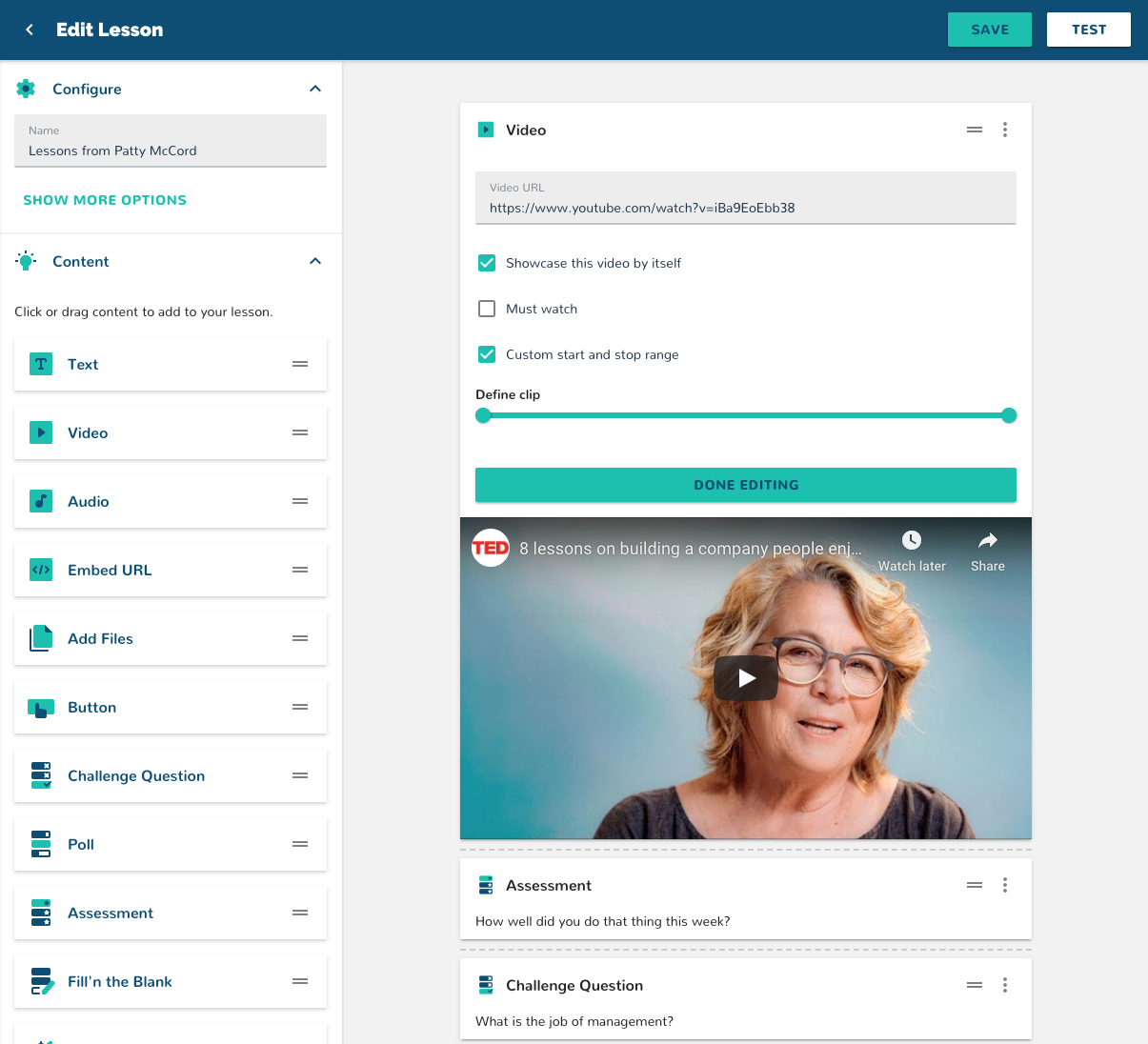 ConveYour screenshot: Drag and Drop microlearning authoring tool. Build out reusable lessons. 10 available engagement formats including timed challenges, re-order challenges, polls, fill-in-blank. 7 different video providers supported.