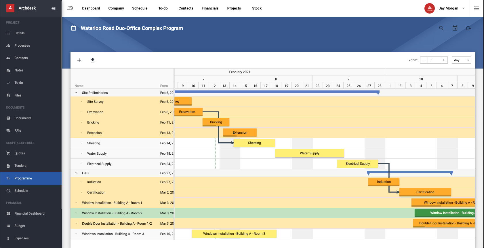 Create a well planned programme of works for your projects, manage scheduled construction tasks, resources, responsibilities, tasks, and more. Use the Gantt chart view to see your projects outview, ensuring optimisation of resources, time, and costs.
