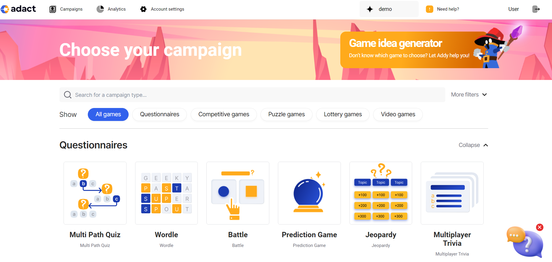 Adact screenshot: Application dashboard