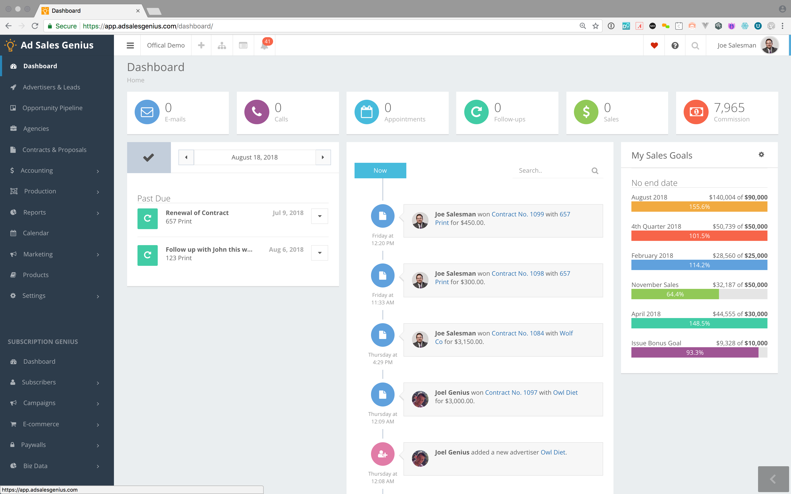 MediaOS screenshot: The dashboard gives users an overview of sales goals, recent activity, tasks, and more