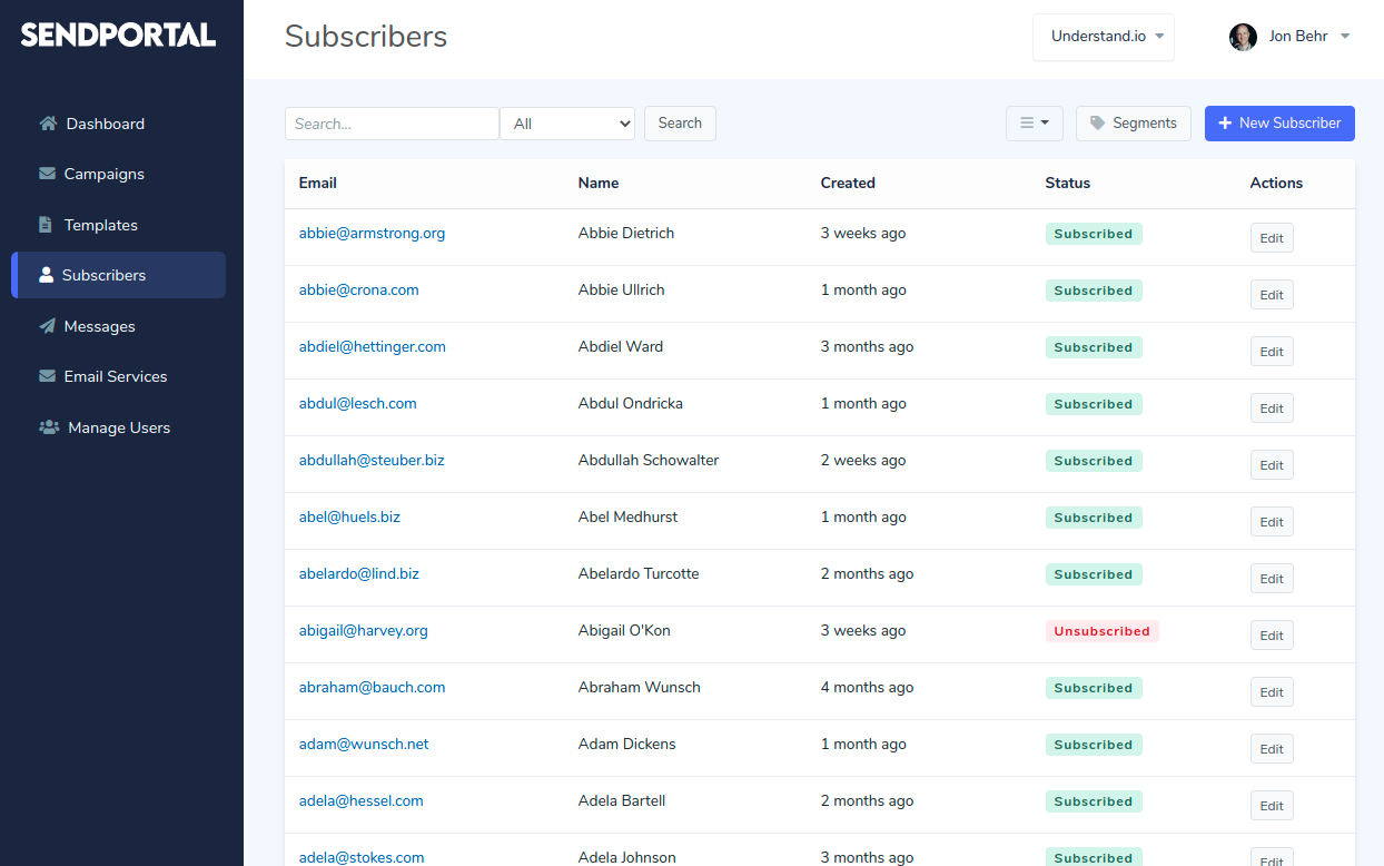SendPortal screenshot: SendPortal subscribers manager