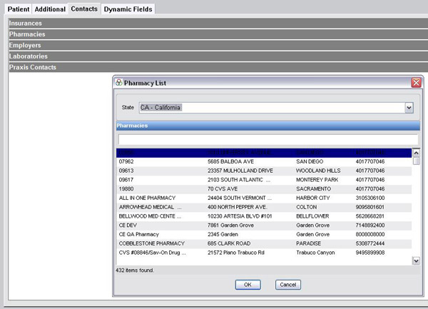 Praxis EMR Software - Users can select a pharmacy from the directory