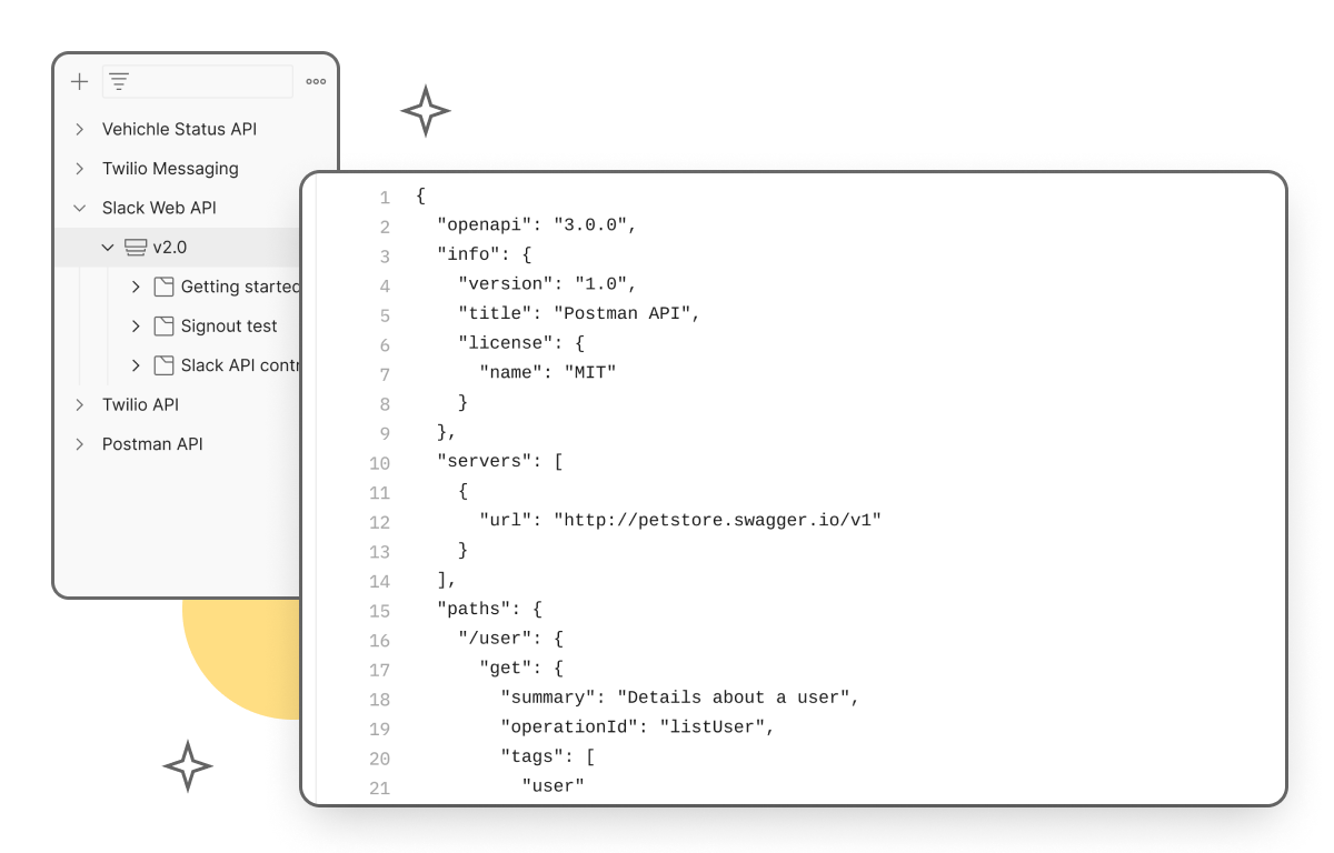 Postman screenshot: API design - You can design your API specifications in Postman using OpenAPI, RAML, GraphQL, or SOAP formats. Postman’s schema editor makes it easy to work with specification files of any size, & it validates specifications with a built-in linting engine.