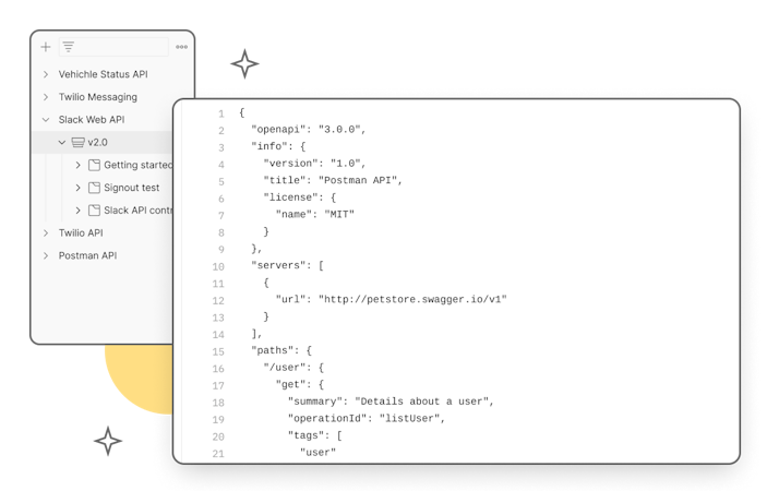Postman screenshot: API design - You can design your API specifications in Postman using OpenAPI, RAML, GraphQL, or SOAP formats. Postman’s schema editor makes it easy to work with specification files of any size, & it validates specifications with a built-in linting engine.