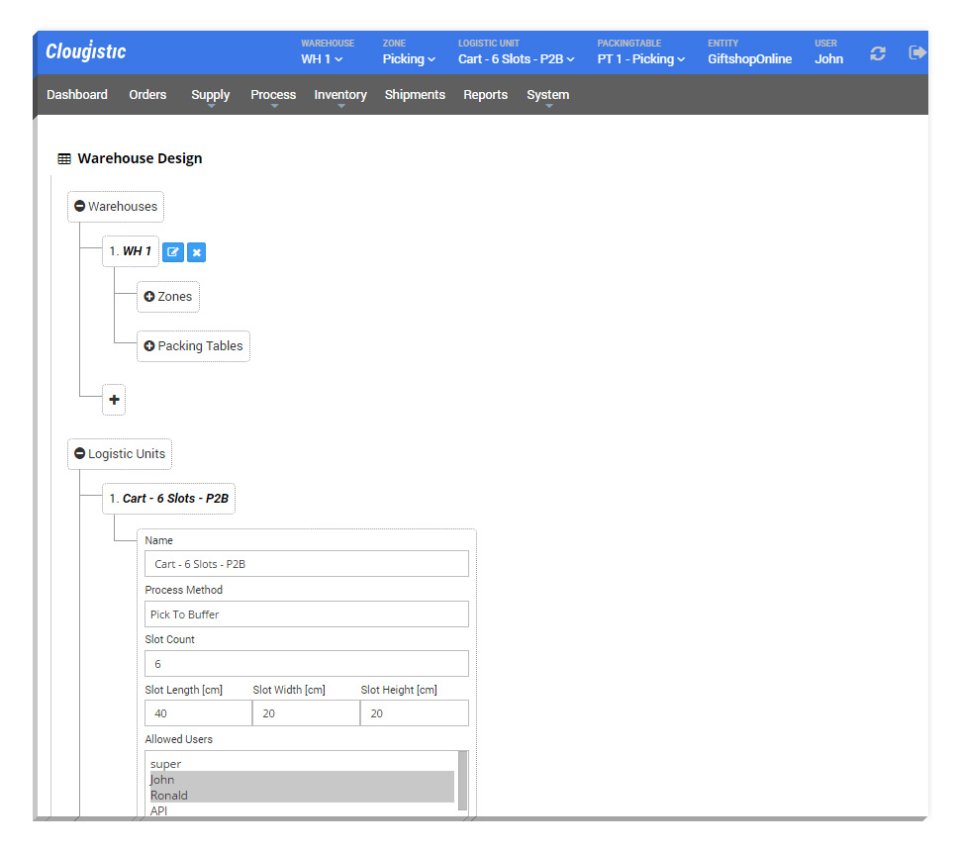 Clougistic Software - The Warehouse Design screen allows a warehouse facility to be defined and customized in a matter of steps by adding zones, packing tables and logistic units