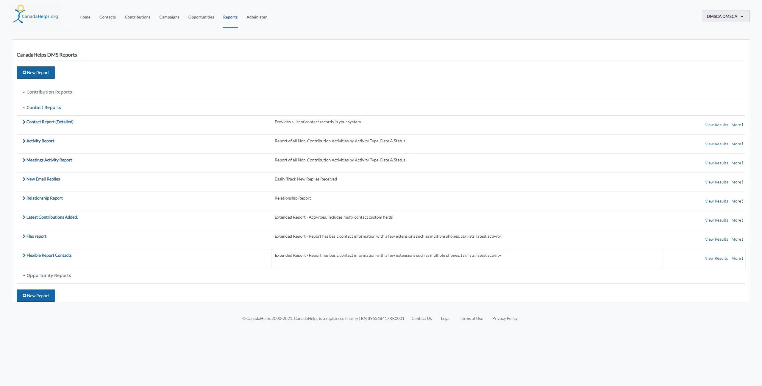 CanadaHelps Donor Management System Software - Reports - choose from a list of predefined reports or make a custom report.