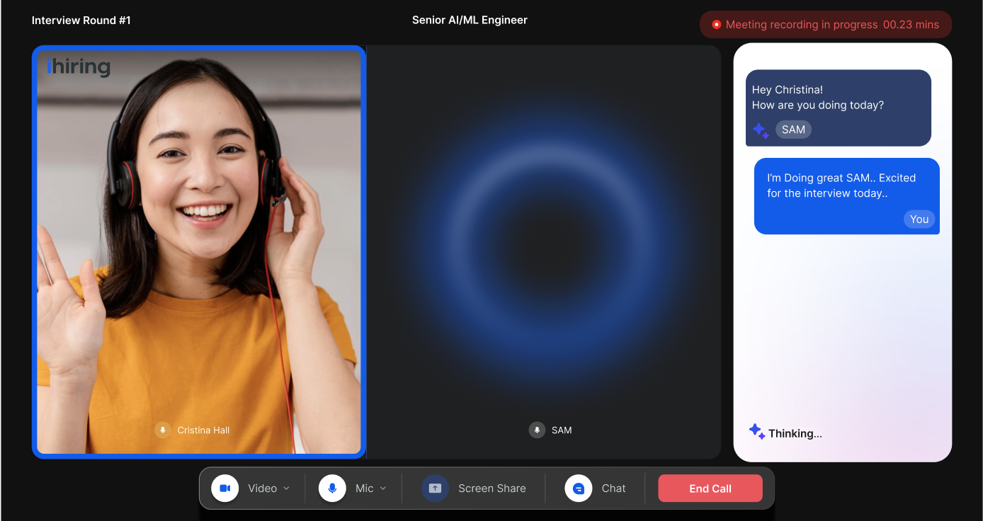 ihiring screenshot: ihiring Live Dynamic AI video interview in action: ihiring's SAM is interviewing the Candidate for an AI/ML role.