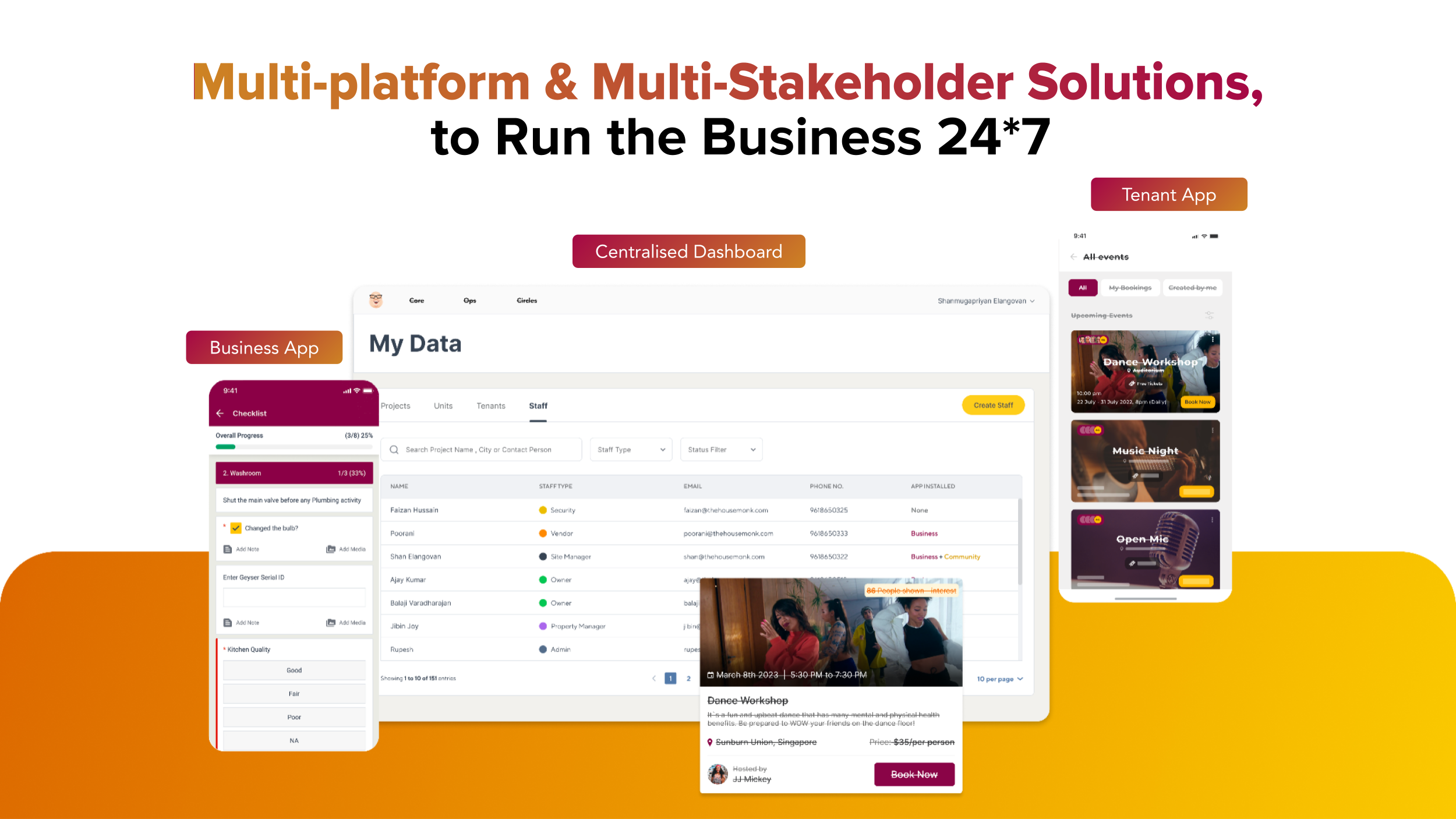 Multi-platform Solutions with Centralised Dashboard, Business App and Tenant App