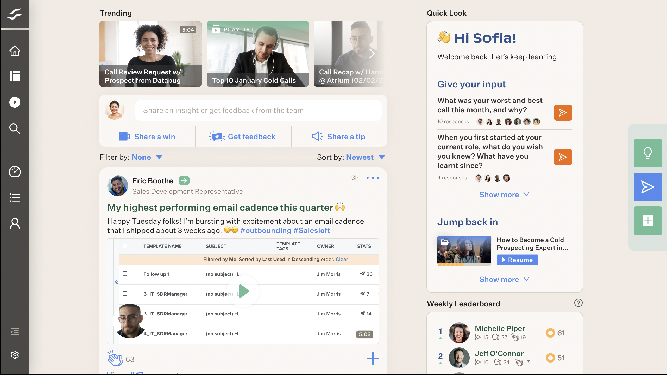 Flockjay screenshot: The Flockjay Feed contains posts from your team members, a leaderboard that demonstrates team engagement, and quick access to live events.