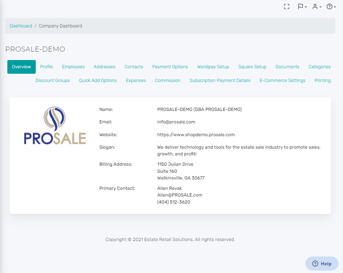 PROSALE Software - Company Settings allow you configure your company profile as well as all of the standard settings that you use when running a sale. You can also integrate your credit card processor from this screen and setup the zebra printer if you choose.