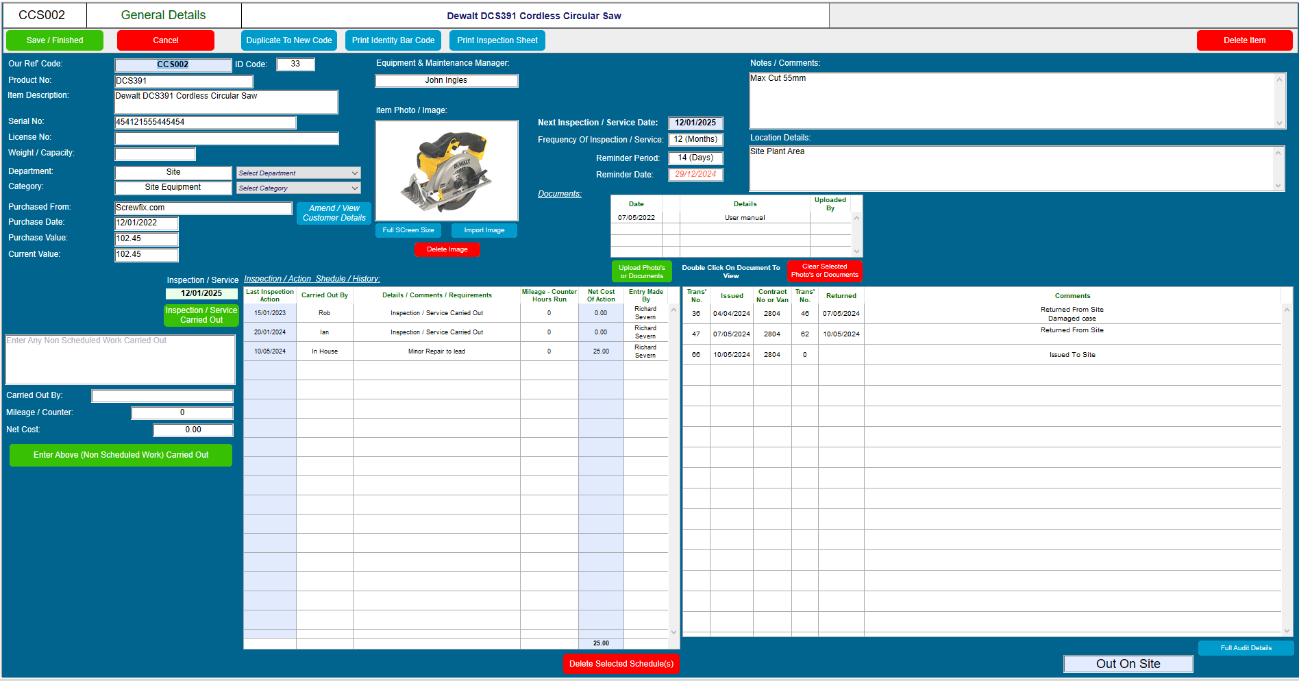 Contract Controller Software - Equipment Details

Full details of equipment are stored, along with a full audit of what contracts it has been used on, any damages occurred and when any servicing or PAT testing is due.