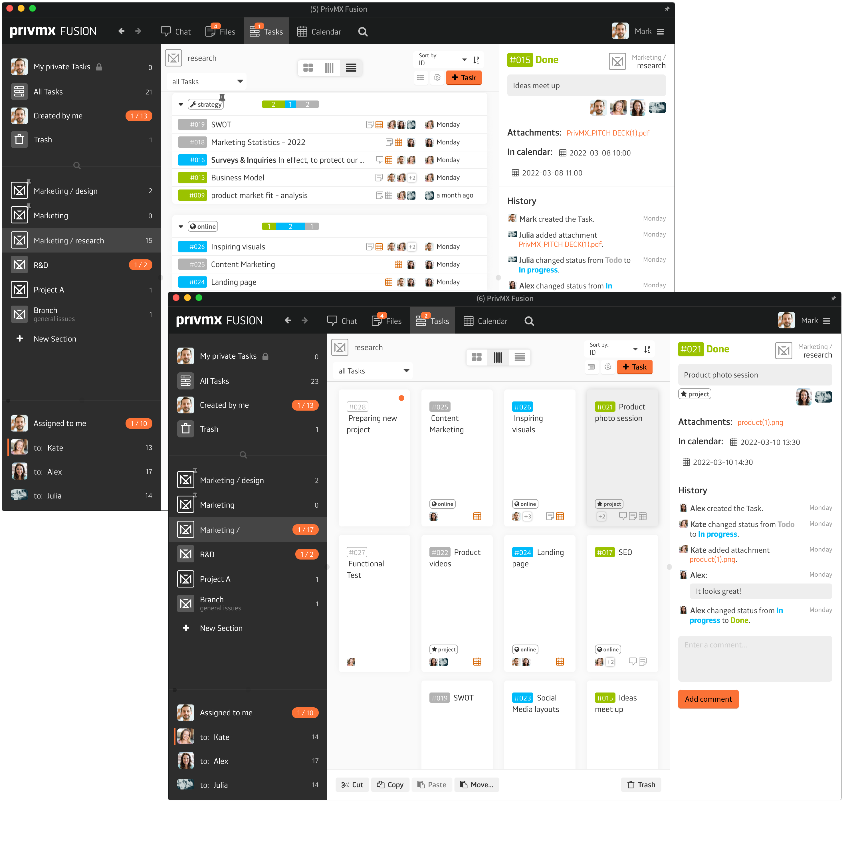 Task management integrated with Calendar, Files, Communication Tools and Sections