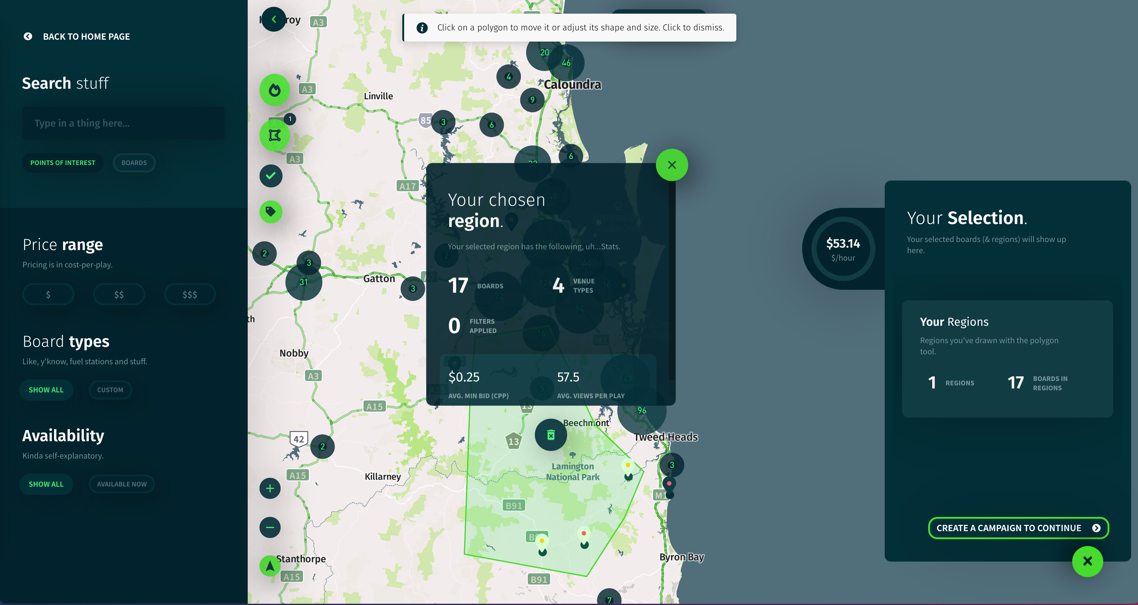 CAASie.co screenshot: Pick your billboards by hand - on a map.