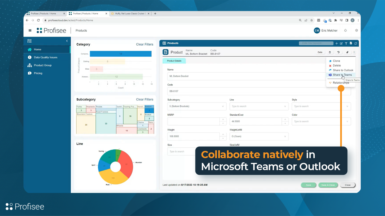 Screenshot of Profisee's integration with Microsoft Loop, empowering users to natively review and edit master data in Outlook and Teams.