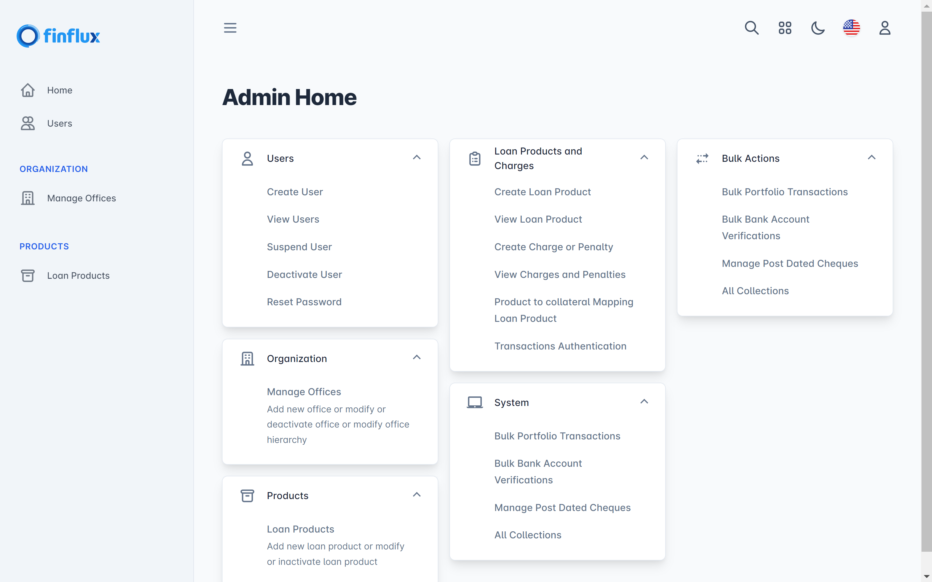 Finflux Software - Finflux Suite Homepage - Contains easy access to all system functionalities, right from new user creation to selection of loan products, and more.