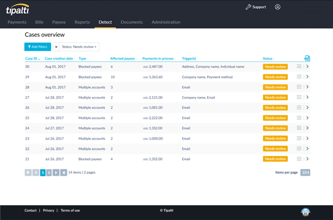 Tipalti Software - Tipalti Detect℠ proactively prevent fraud with detailed payee monitoring