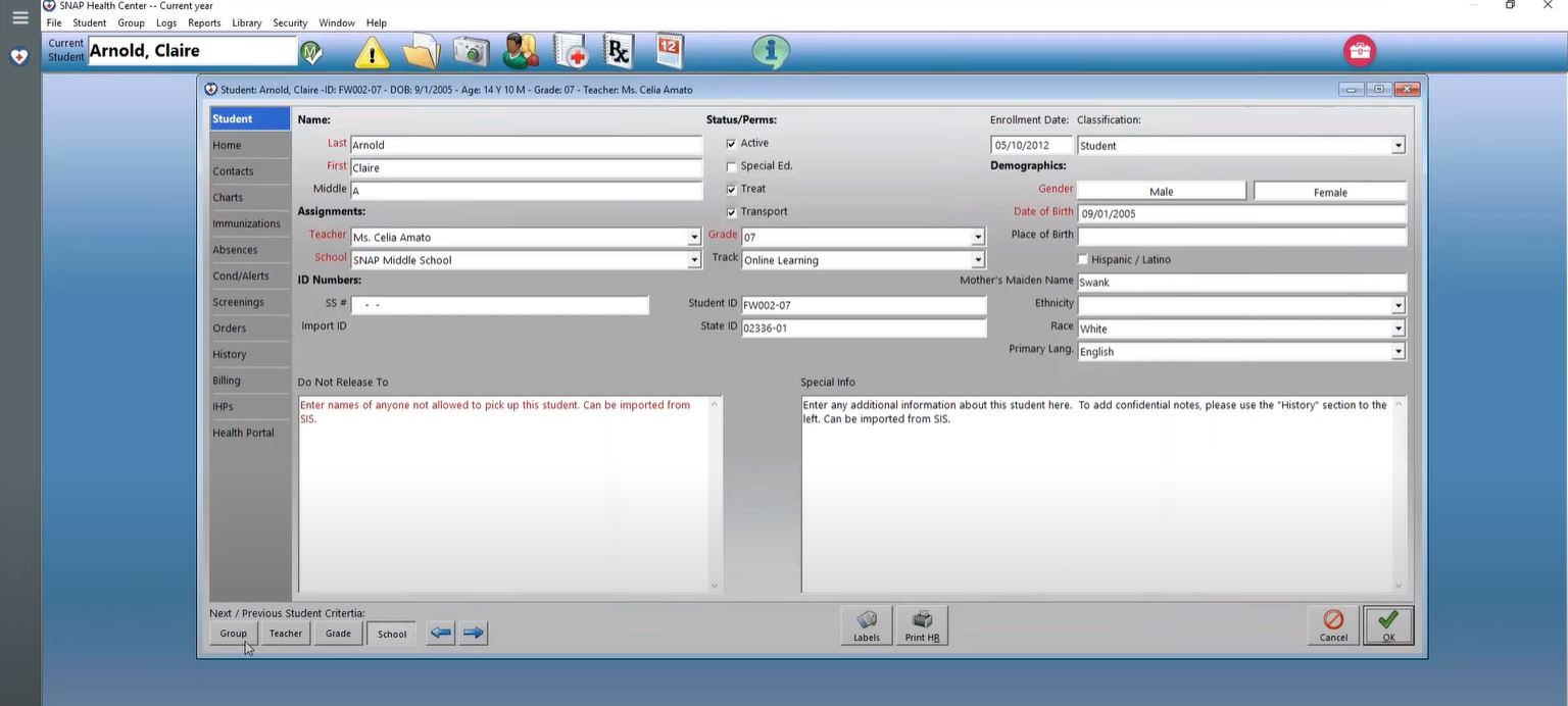 SNAP Health Center access student records
