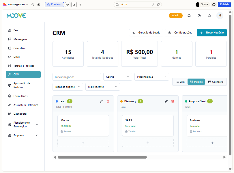 Moove screenshot: Moove CRM to manage leads
