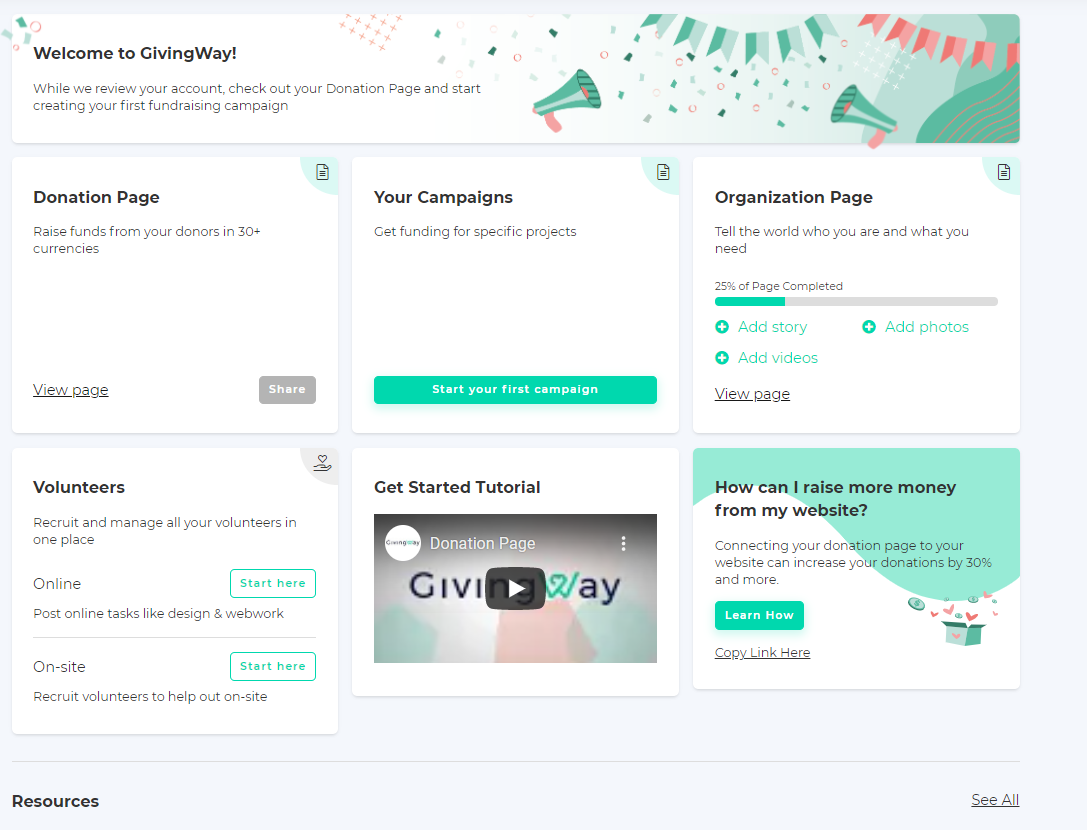 GivingWay dashboard view