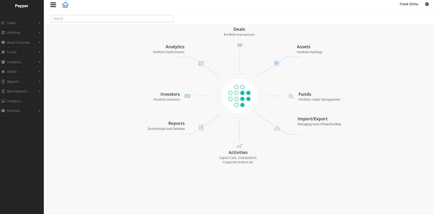 Pepper screenshot: Our end-to-end, cloud-native asset technology's home screen UI.