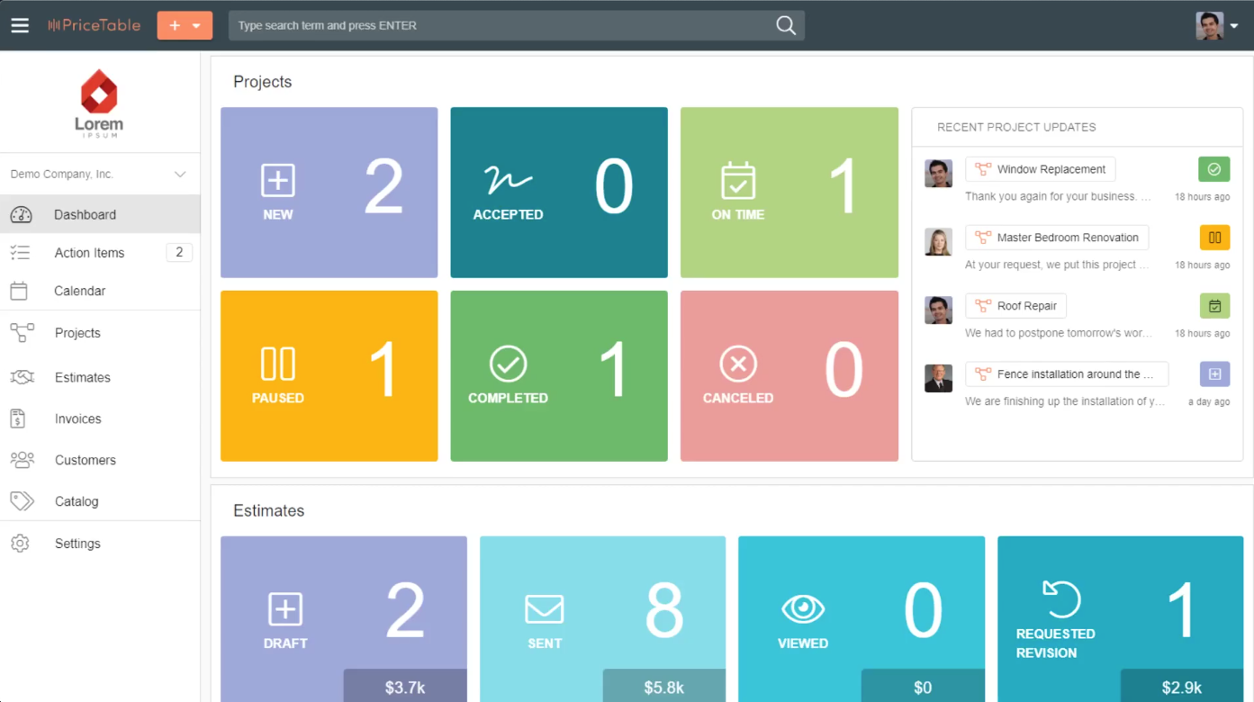 PriceTable screenshot: PriceTable dashboard