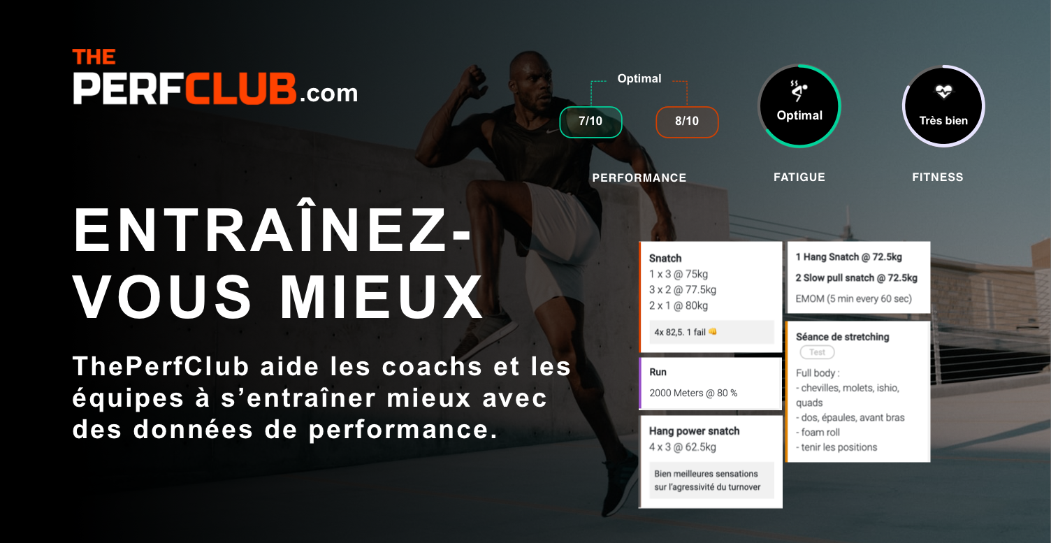 ThePerfClub screenshot: ThePerfClub aide les athle`tes et les e´quipes a` savoir s’ils doivent s’entrai^ner dur ou re´cupe´rer.