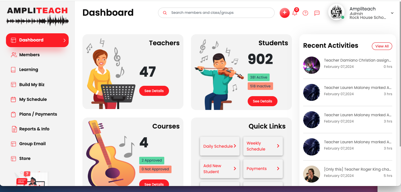 AmpliTeach  Admin Dashboard  - Here is where you can access all the functions to run your school. Teachers, students, Parents, classes/groups, schedules, reporting, curriculum, the store, and tools to completely run your school at the highest level! 