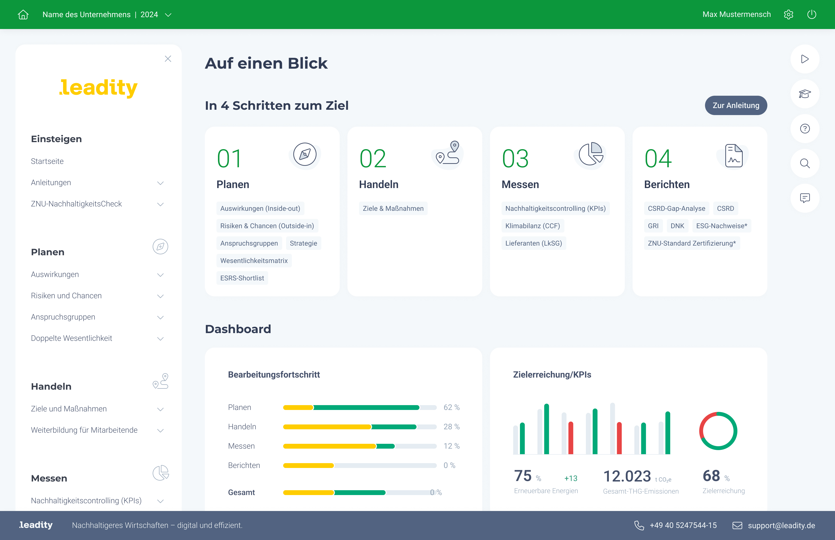 leadity screenshot: Die leadity Startseite führt Sie in vier Schritten durch die ESG-/CSRD-Berichterstattung.
