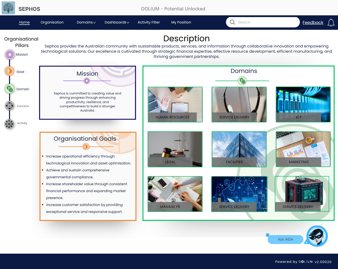 DOLIUM screenshot: DOLIUM connects management activities to strategic outcomes by embedding organisational purpose into decision-making. It ensures every task, action, and decision is traceable to the mission—creating clarity, consistency, and impact across the enterprise.