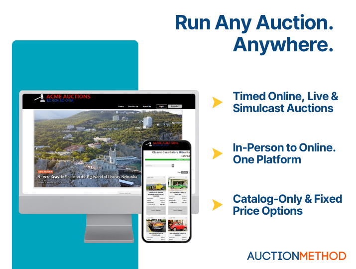 AuctionMethod Software - Timed, live, simulcast, in-person, or catalog-only—AuctionMethod supports every event type. Run any auction from one connected platform and adapt to your buyers, your sellers, and your business needs with total flexibility.