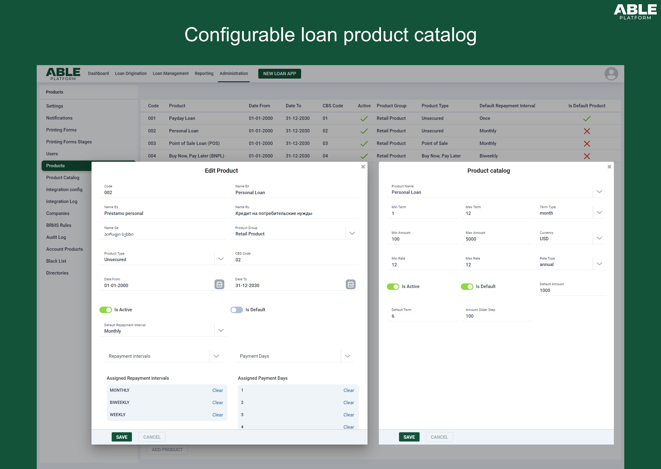 configurable loan product catalog