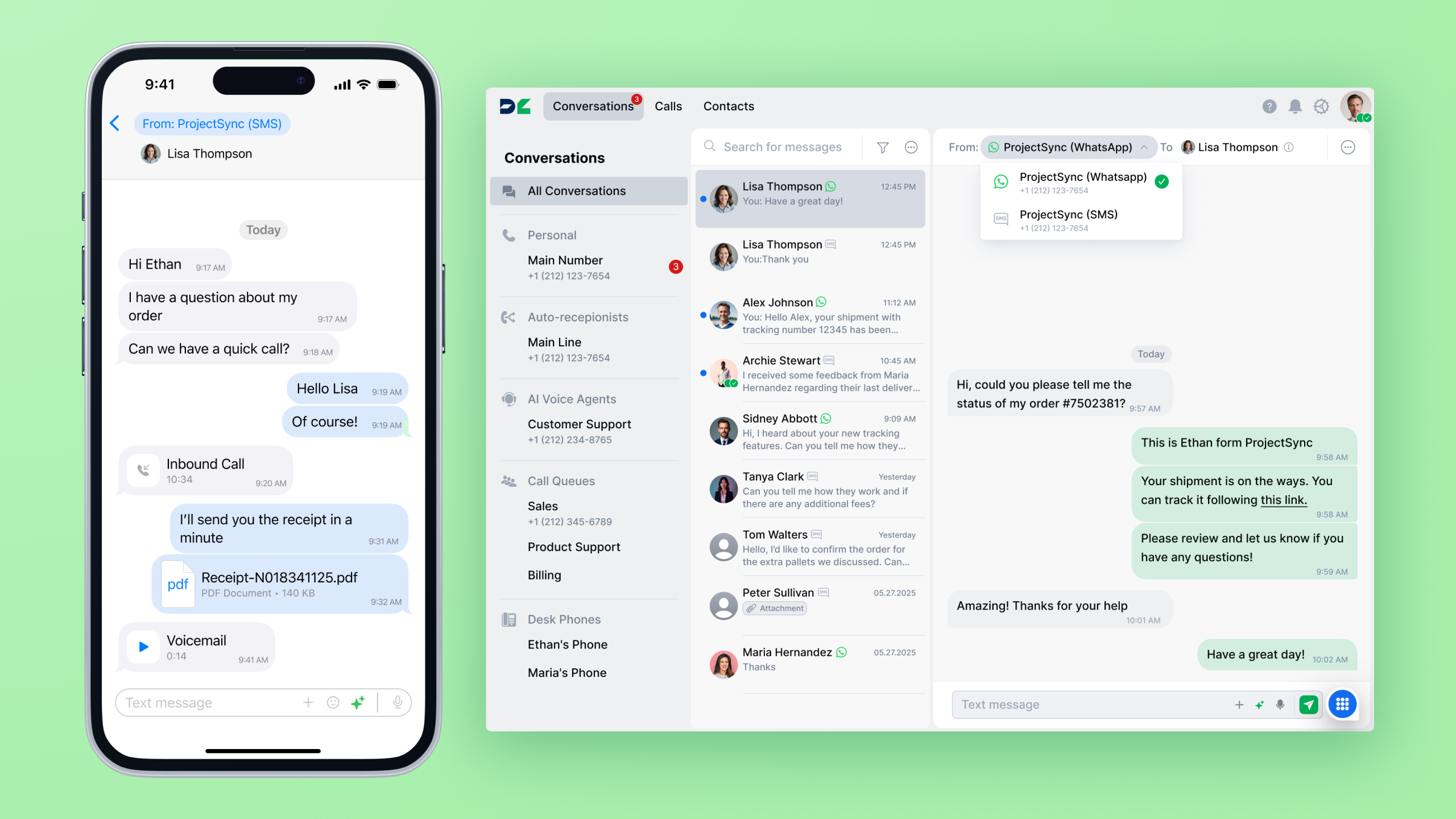 DialLink screenshot: DialLink brings calls, texts, and AI together in one unified workspace. It works seamlessly across smartphones, desktops, and desk phones.