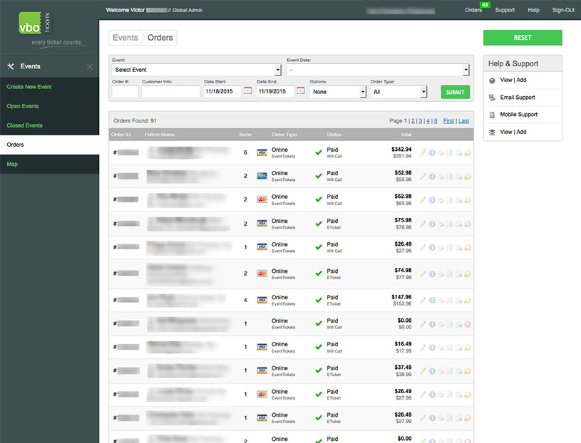 VBO Tickets Software - VBO Tickets order management screenshot