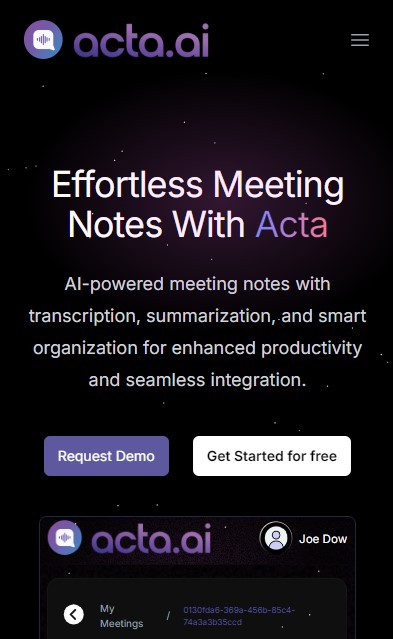 Acta screenshot: A sleek mobile display showing Acta.ai's homepage, featuring a clean, user-friendly interface. 