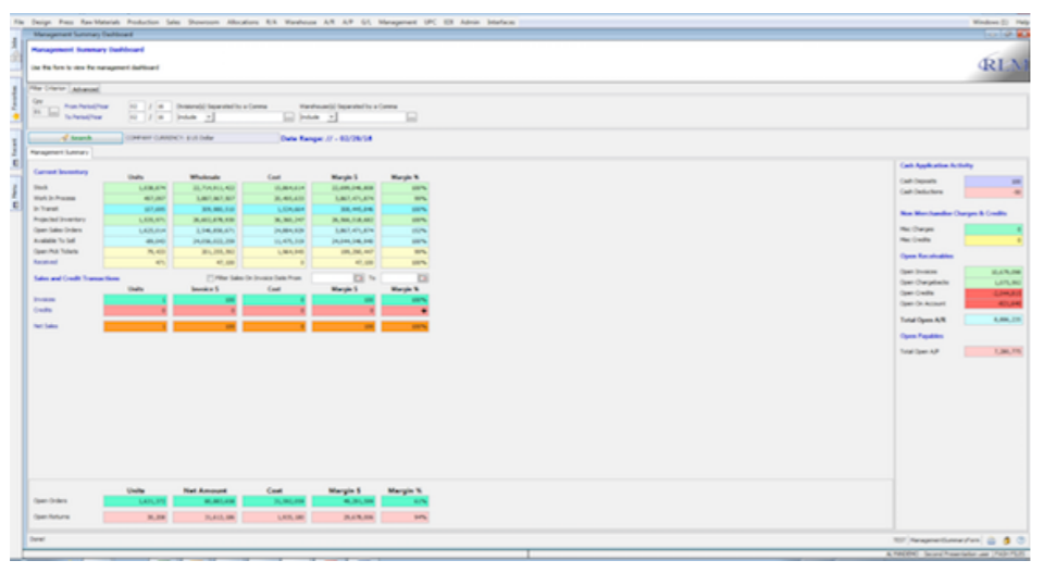 RLM Apparel Software screenshot: RLM Apparel Software management dashboard