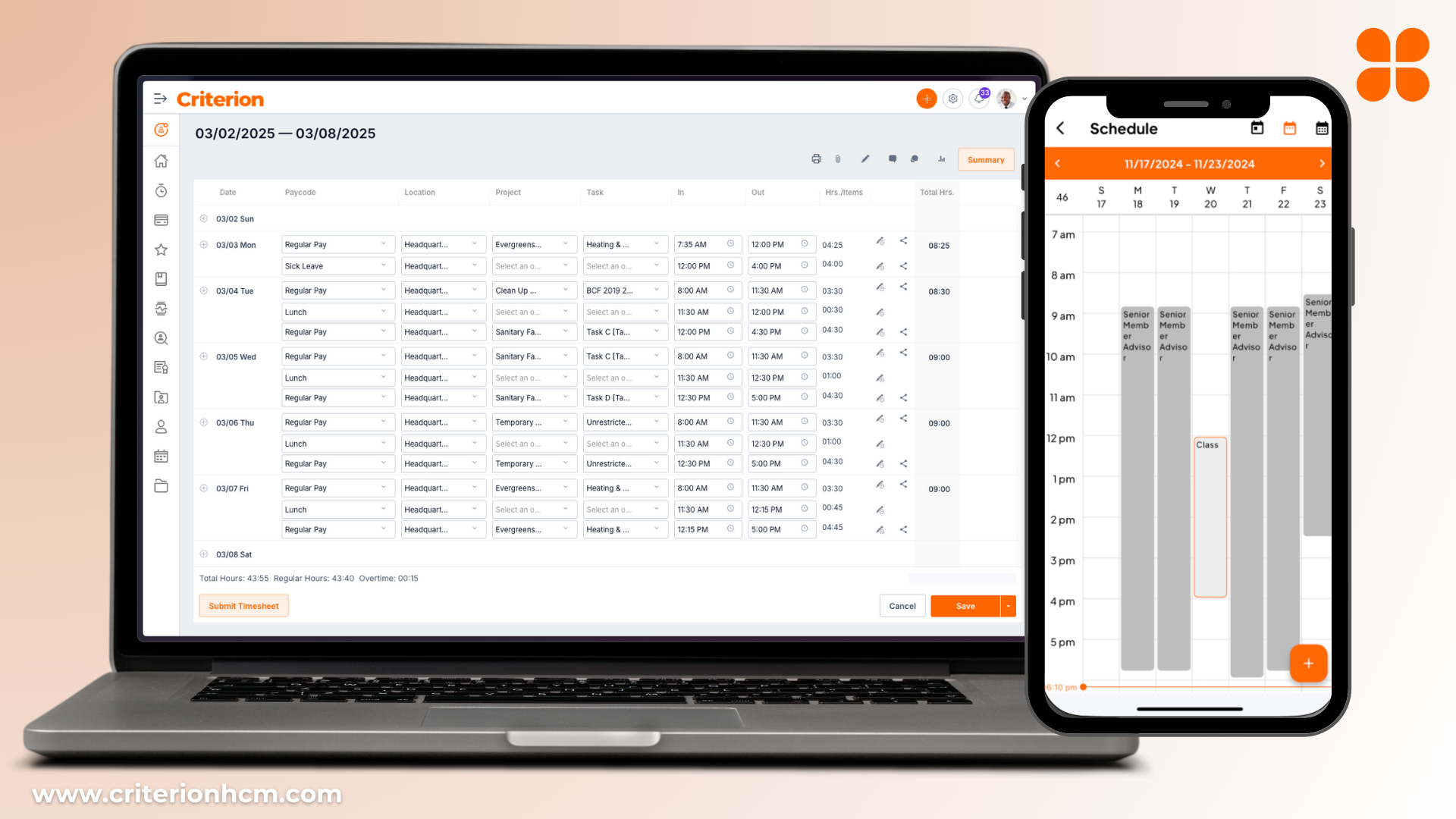 Criterion HCM screenshot: The desktop interface displays the timesheet, allowing employees to log work hours, manage projects, and submit timesheets. The mobile app interface displays an intuitive scheduling view for quick access to work shifts and tasks.