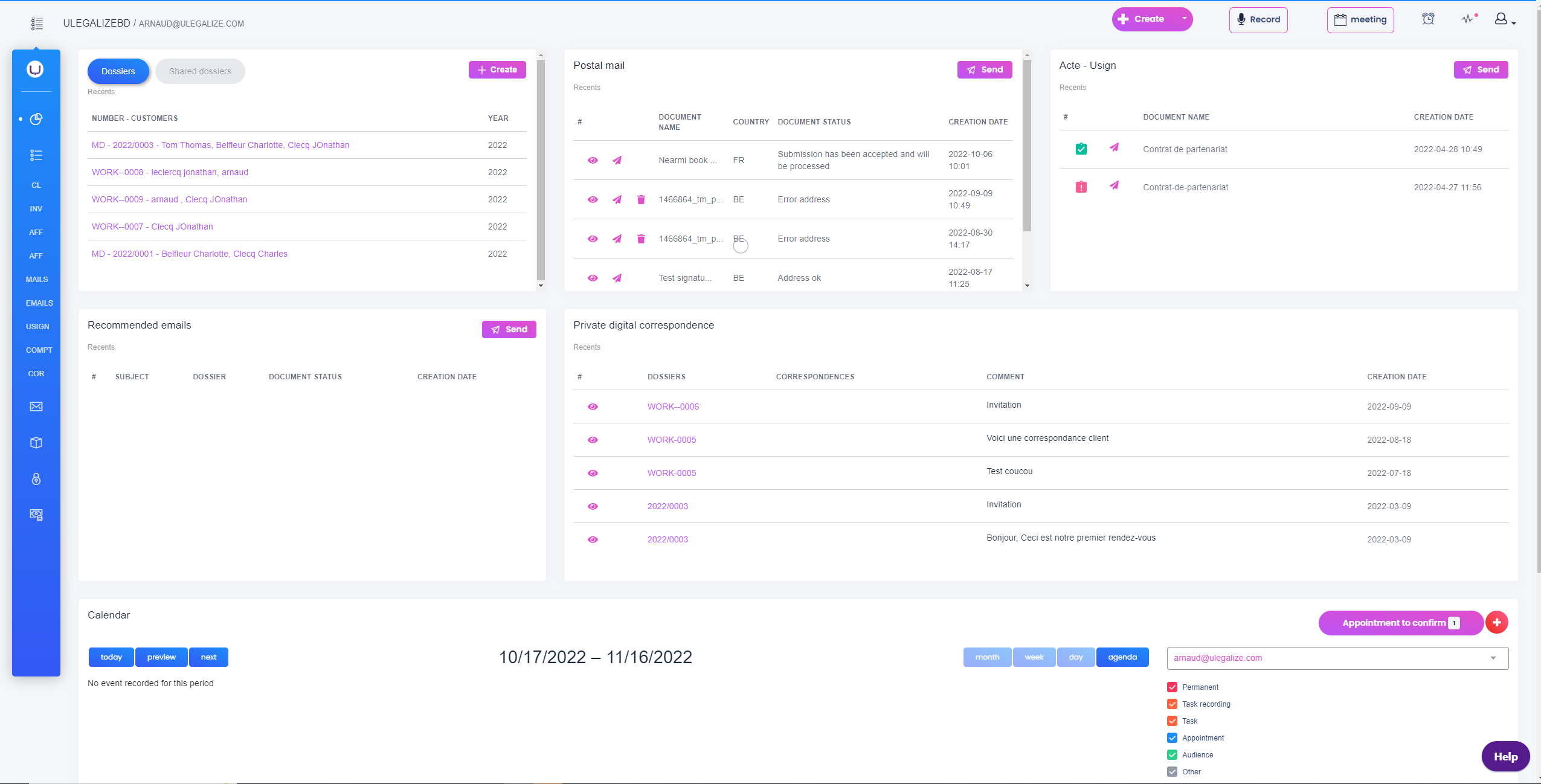 Ulegalize screenshot: Dashboard