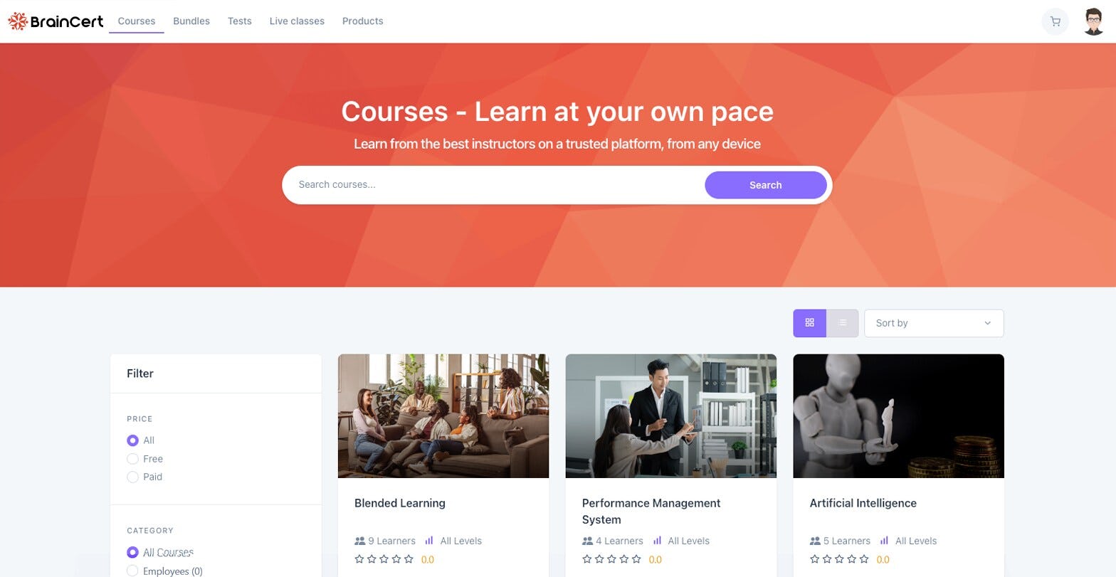 BrainCert Software - Redesigned Catalog Pages ­has a fresh new look, making it easier than ever for learners to explore and discover your courses, tests, bundles, products, and live classes.