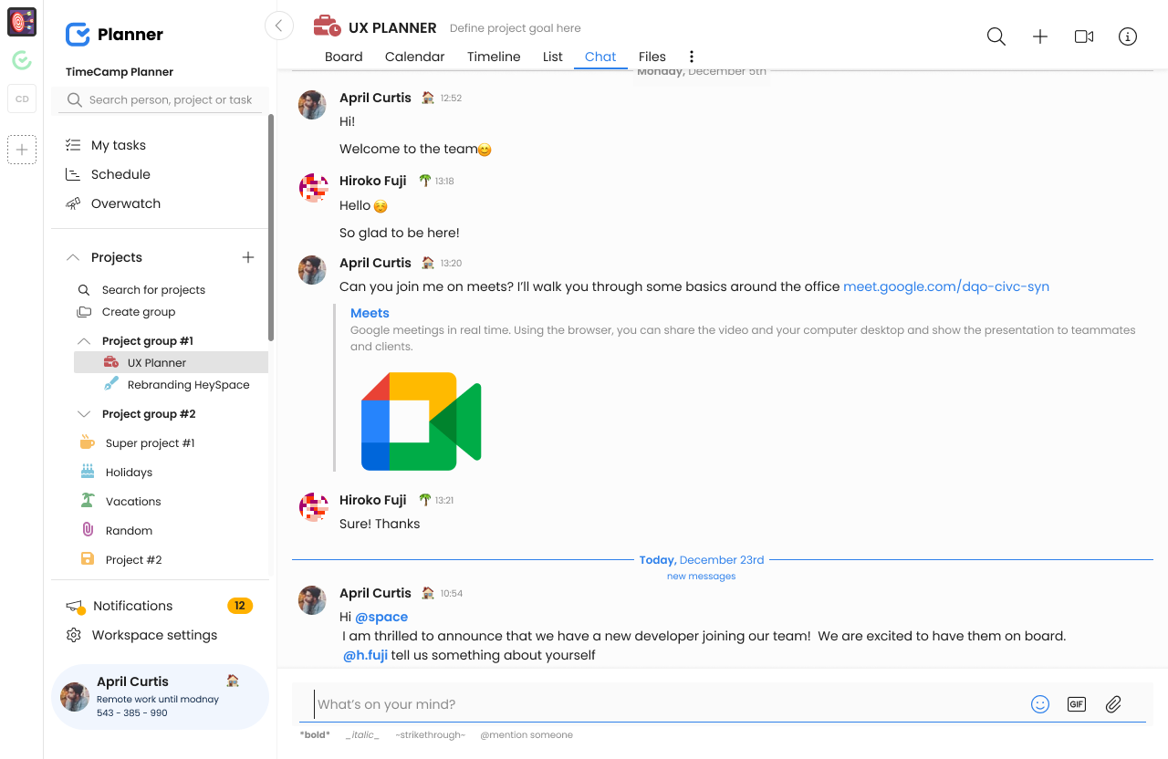 TimeCamp Planner screenshot: Chat view