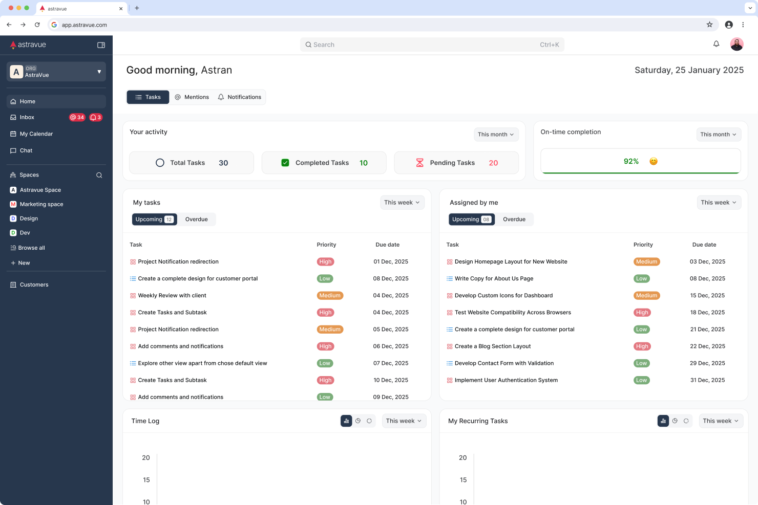 Astravue screenshot: The Home dashboard gives users a personalized overview of their work, including assigned tasks, upcoming deadlines, on-time completion rate, and activity summary to help prioritize daily execution.